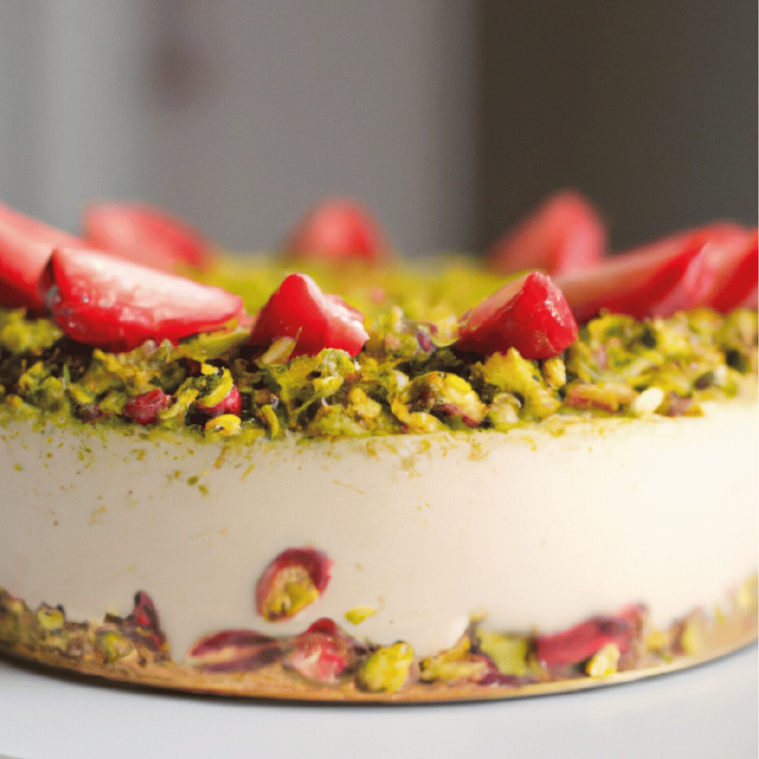 Cheesecake aux fraises, pistaches et fromage blanc